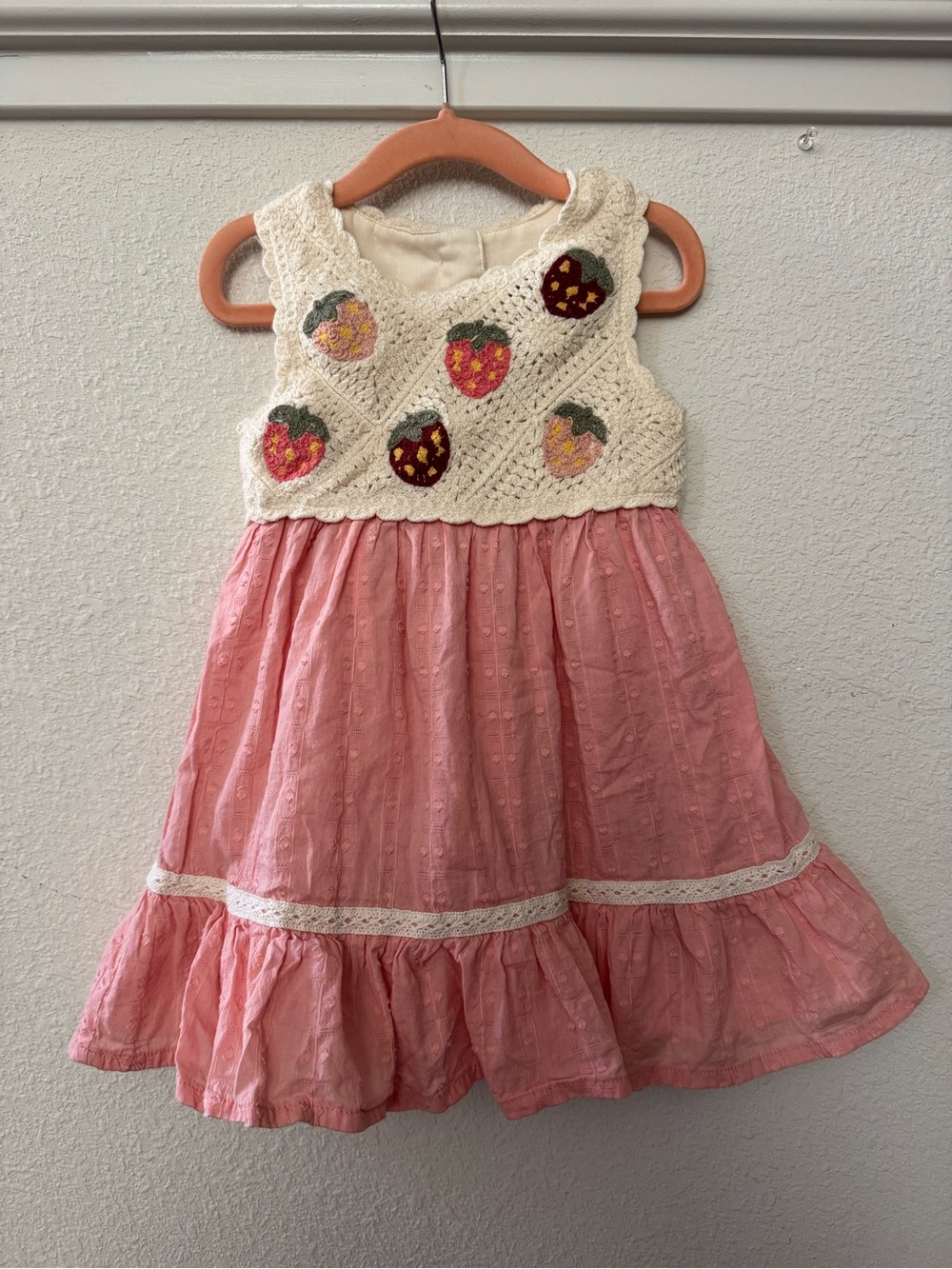 Cynthia Rowley Cream Crochet Bodice Pink Strawberry Dress